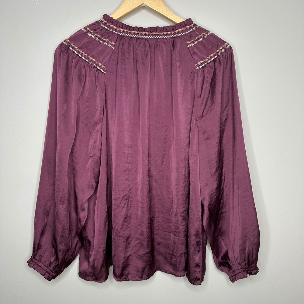 Lucky Brand Embroidered Peasant Top Plum Purple Blouse Long Sleeve Boho Women M - Picture 9 of 9